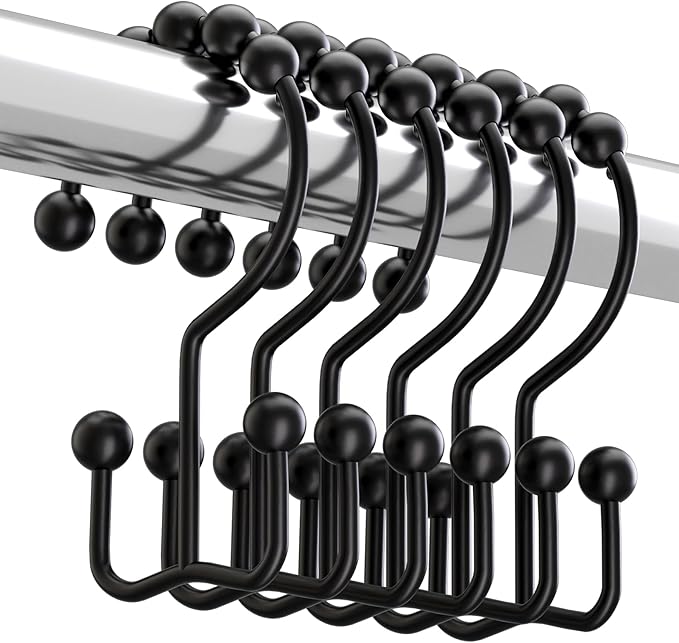 Black Shower Curtain Hooks Rings, Rust-Resistant Metal Double Glide Shower Hooks for Bathroom Shower Rods Curtains, Set of 12 Hooks,Shower Curtains, Hooks & Liners