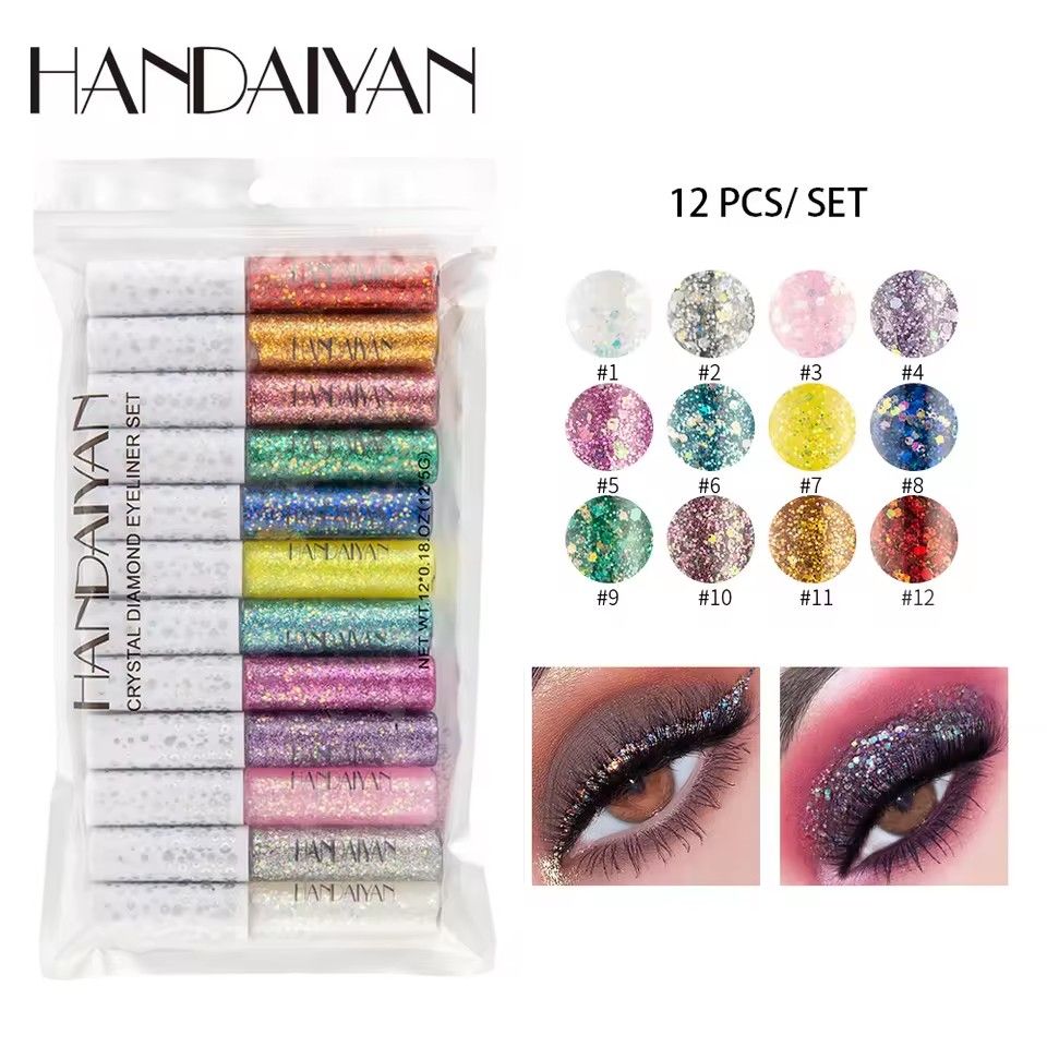 HANDAIYAN 12 Pcs/set Glitter Liquid Eyeliner Dreamy Shiny Eyeliner Set Jelly Colorful Sequined Eyeshadow Waterproof Anti-sweat Liquid Eyeliner
