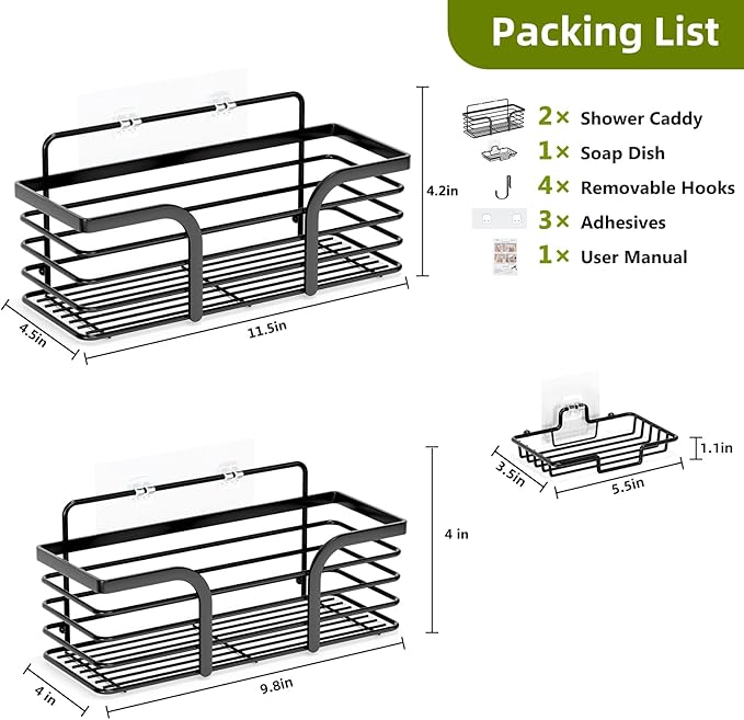 Shower Caddy, Adhesive Shower Organizer with Soap Dish and 4 Hooks, Rustproof Stainless Steel Shower Shelves, Wall Mounted No Drilling Storage Shelf Basket Accessories Bathroom Organiser