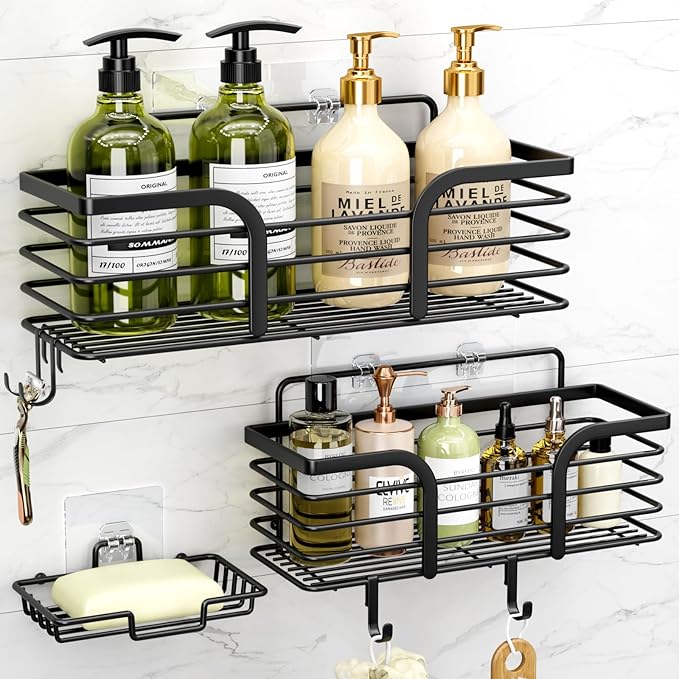 Shower Caddy, Adhesive Shower Organizer with Soap Dish and 4 Hooks, Rustproof Stainless Steel Shower Shelves, Wall Mounted No Drilling Storage Shelf Basket Accessories Bathroom Organiser