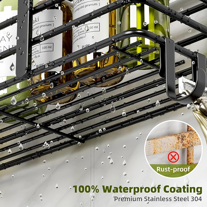 Shower Caddy, Adhesive Shower Organizer with Soap Dish and 4 Hooks, Rustproof Stainless Steel Shower Shelves, Wall Mounted No Drilling Storage Shelf Basket Accessories Bathroom Organiser