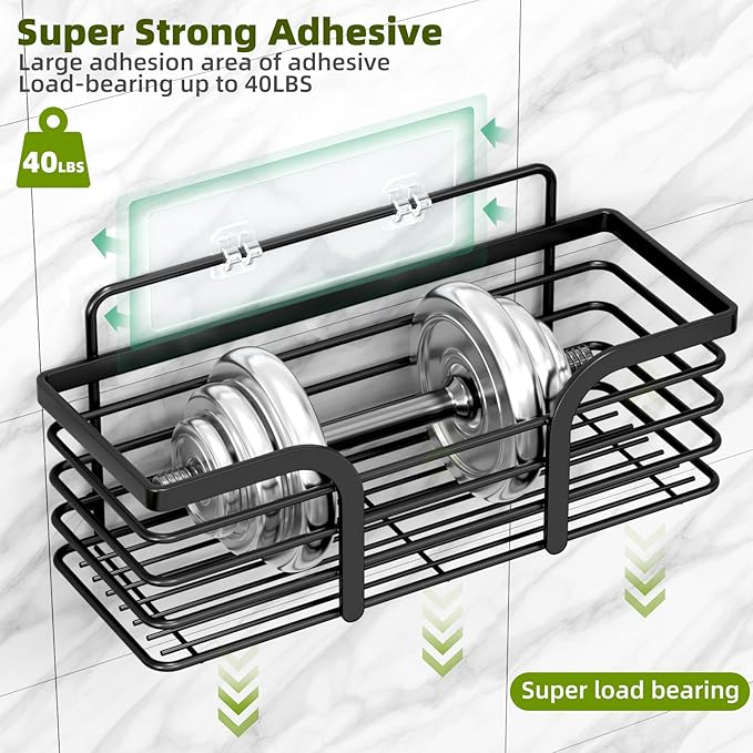 Shower Caddy, Adhesive Shower Organizer with Soap Dish and 4 Hooks, Rustproof Stainless Steel Shower Shelves, Wall Mounted No Drilling Storage Shelf Basket Accessories Bathroom Organiser