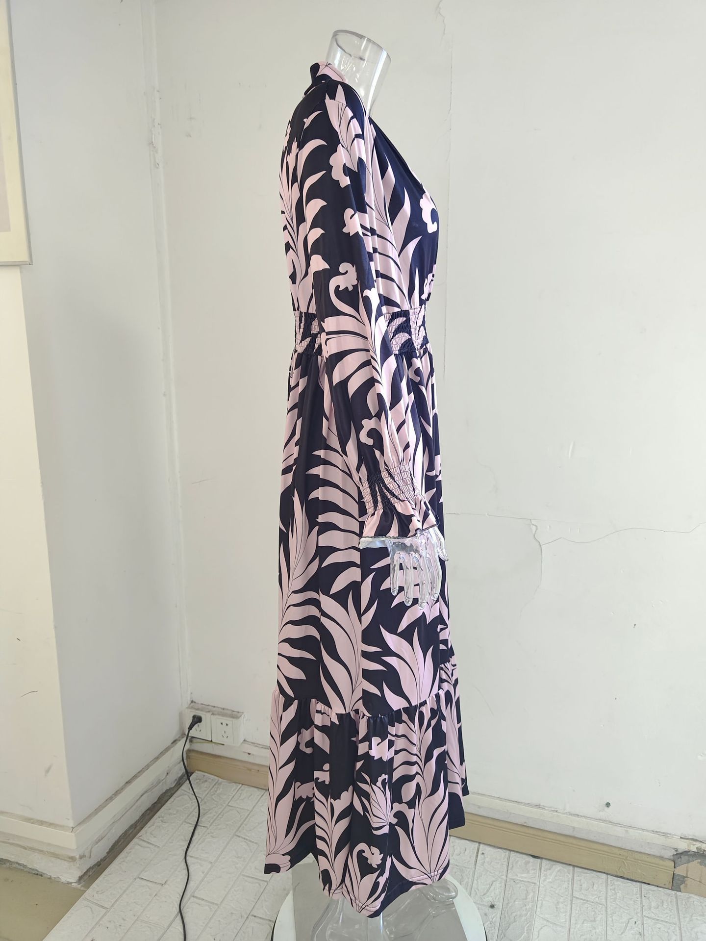 Women Clothing Print V Neck Loose Tied Waist Womens Night Dresses Maxi Lady Elegant Dresses Casual Long Dress Printed Long Sleeve Large Hem Elegant Women's Dress