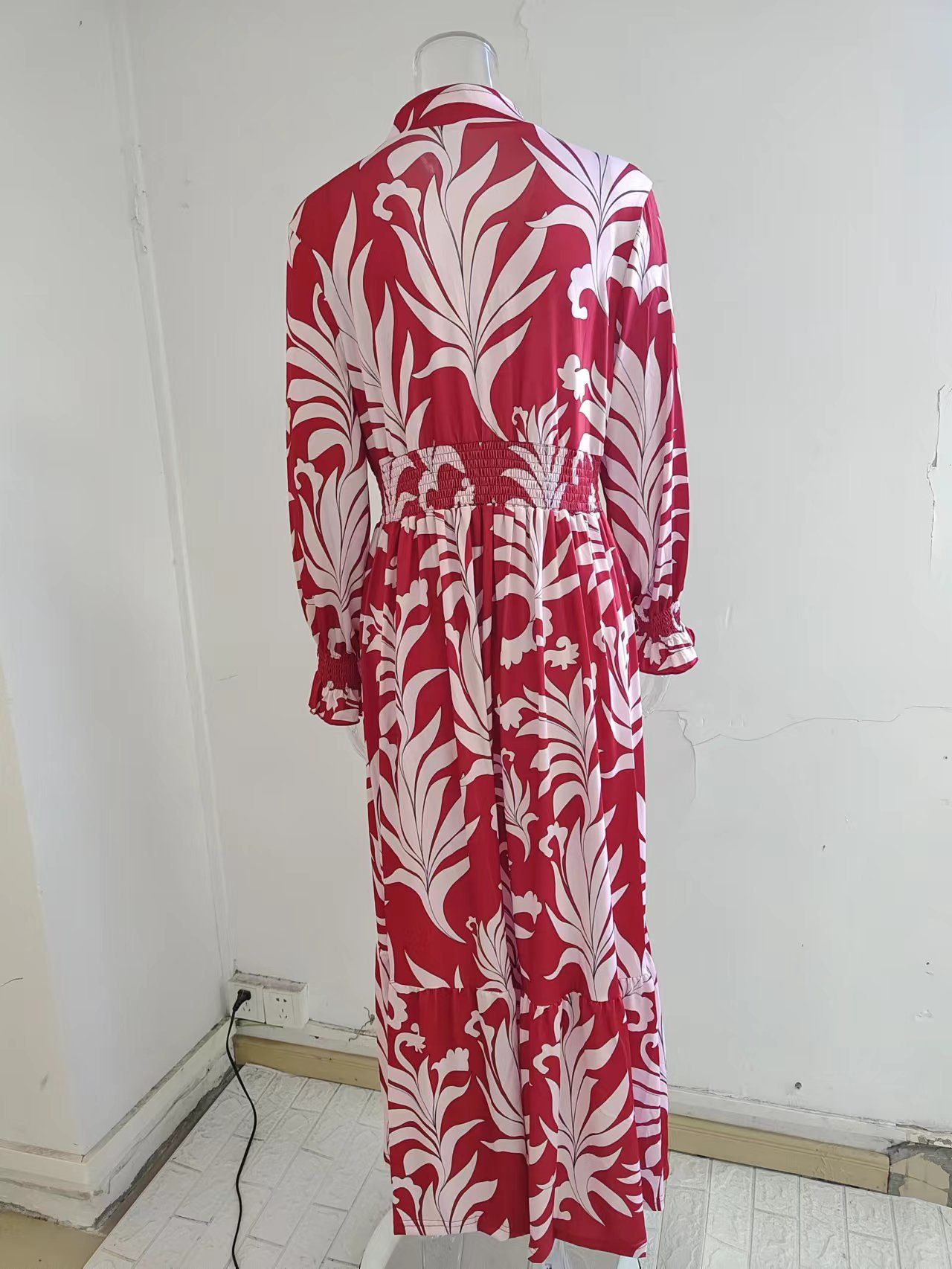 Women Clothing Print V Neck Loose Tied Waist Womens Night Dresses Maxi Lady Elegant Dresses Casual Long Dress Printed Long Sleeve Large Hem Elegant Women's Dress