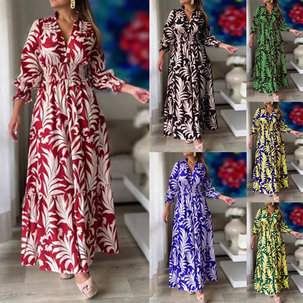 Women Clothing Print V Neck Loose Tied Waist Womens Night Dresses Maxi Lady Elegant Dresses Casual Long Dress Printed Long Sleeve Large Hem Elegant Women's Dress
