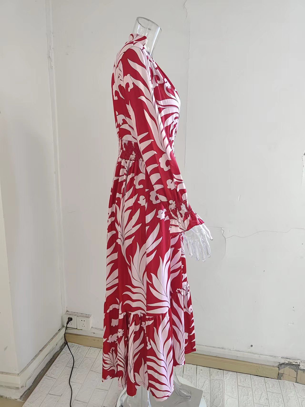 Women Clothing Print V Neck Loose Tied Waist Womens Night Dresses Maxi Lady Elegant Dresses Casual Long Dress Printed Long Sleeve Large Hem Elegant Women's Dress