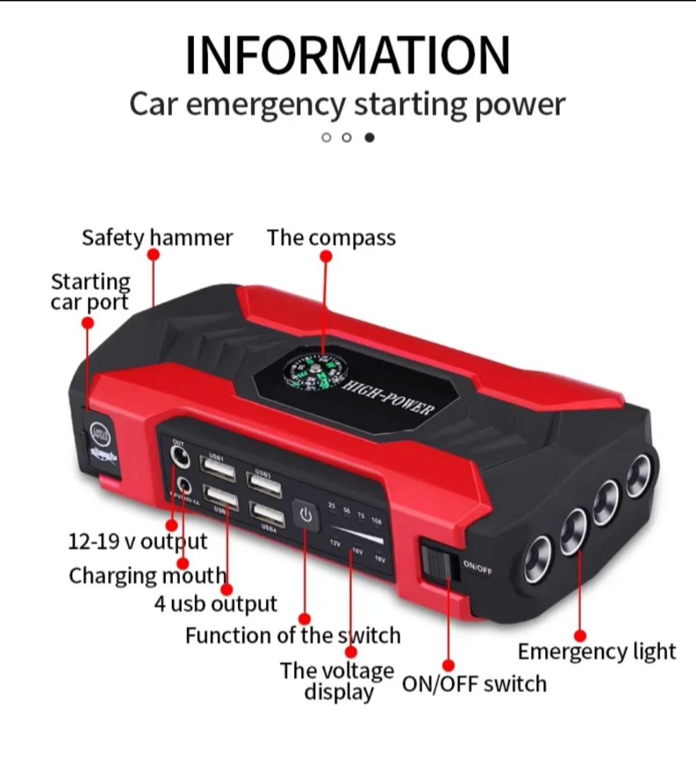 Portable 12V 99800mAh High Power Car Jump Starter Battery Booster Power With Built in Tire inflator Air Compressor pump and LED Flashlight.