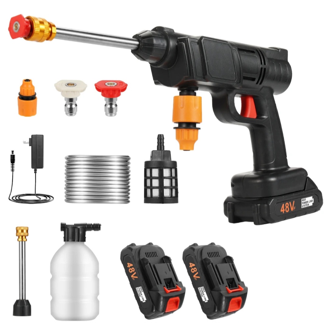 PORTABLE CORDLESS HIGH PRESSURE CAR GUN SPRAY CAR WASHING MACHINE GUN HIGH PRESSURE CAR WASHING JET SPRAY ELECTRIC CORDLESS PRESSURE WASHER FOR WASHING CAR HOUSE GARDEN WITH 2 LITHIUM BATTERIES.