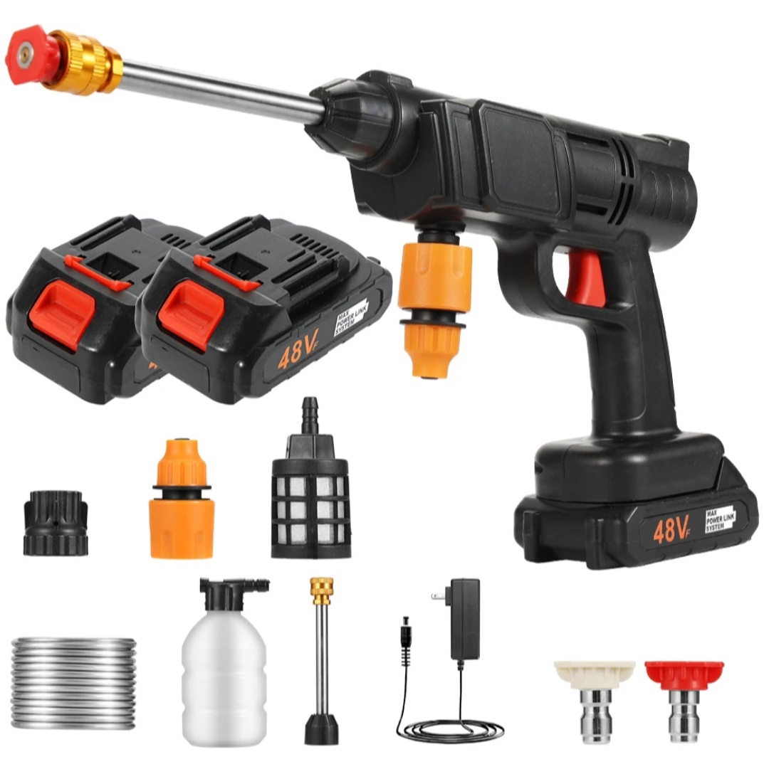 PORTABLE CORDLESS HIGH PRESSURE CAR GUN SPRAY CAR WASHING MACHINE GUN HIGH PRESSURE CAR WASHING JET SPRAY ELECTRIC CORDLESS PRESSURE WASHER FOR WASHING CAR HOUSE GARDEN WITH 2 LITHIUM BATTERIES.