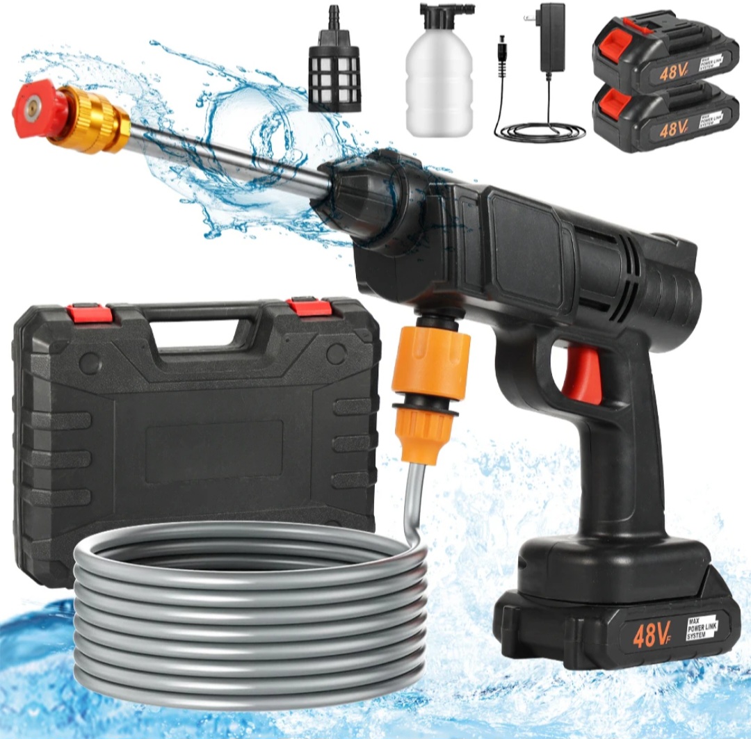 PORTABLE CORDLESS HIGH PRESSURE CAR GUN SPRAY CAR WASHING MACHINE GUN HIGH PRESSURE CAR WASHING JET SPRAY ELECTRIC CORDLESS PRESSURE WASHER FOR WASHING CAR HOUSE GARDEN WITH 2 LITHIUM BATTERIES.