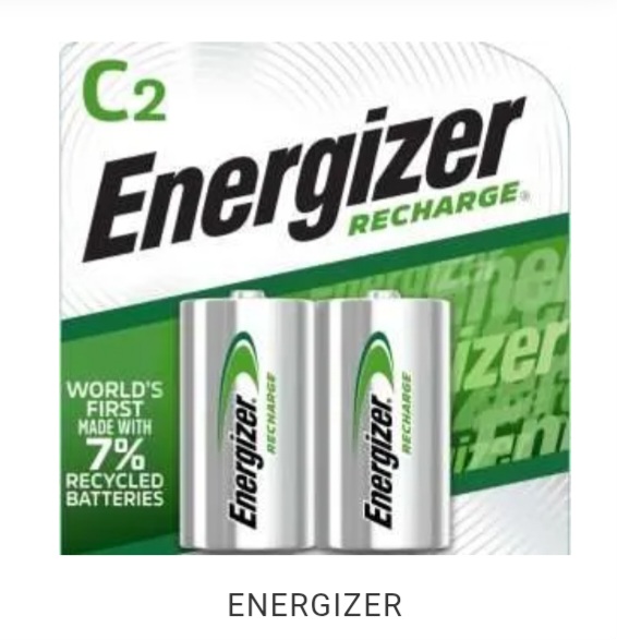 ENERGIZER C2 RECHARGEABLE BATTERY SIZE 2C PACK LONG LASTING POWER FOR YOUR EVERYDAY DEVICES CHARGE 100S OF TIMES.