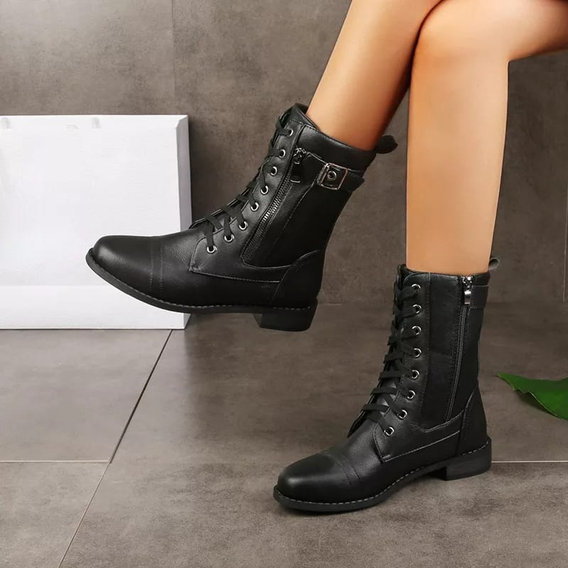 Fashion Women Mid Calf Boots//Ladies Boots// Lace Up// Round Toe// Chunky Heel//Side Zipper Boots//winter-black