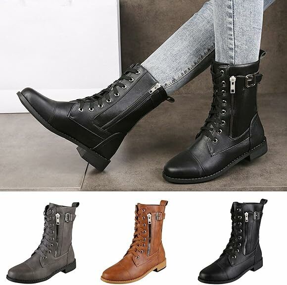 Fashion Women Mid Calf Boots//Ladies Boots// Lace Up// Round Toe// Chunky Heel//Side Zipper Boots//winter-black