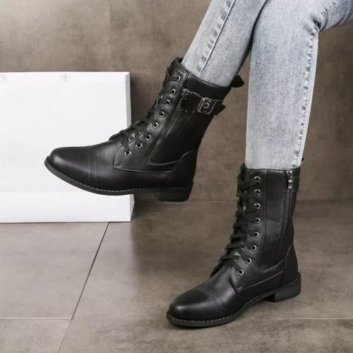Fashion Women Mid Calf Boots//Ladies Boots// Lace Up// Round Toe// Chunky Heel//Side Zipper Boots//winter-black