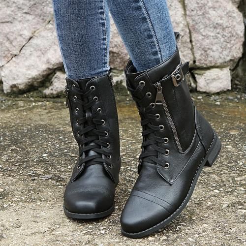 Fashion Women Mid Calf Boots//Ladies Boots// Lace Up// Round Toe// Chunky Heel//Side Zipper Boots//winter-black