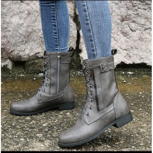 Fashion Women boots//Mid Calf Boots //Ladies Boots// Lace Up Zipper Boots-Grey