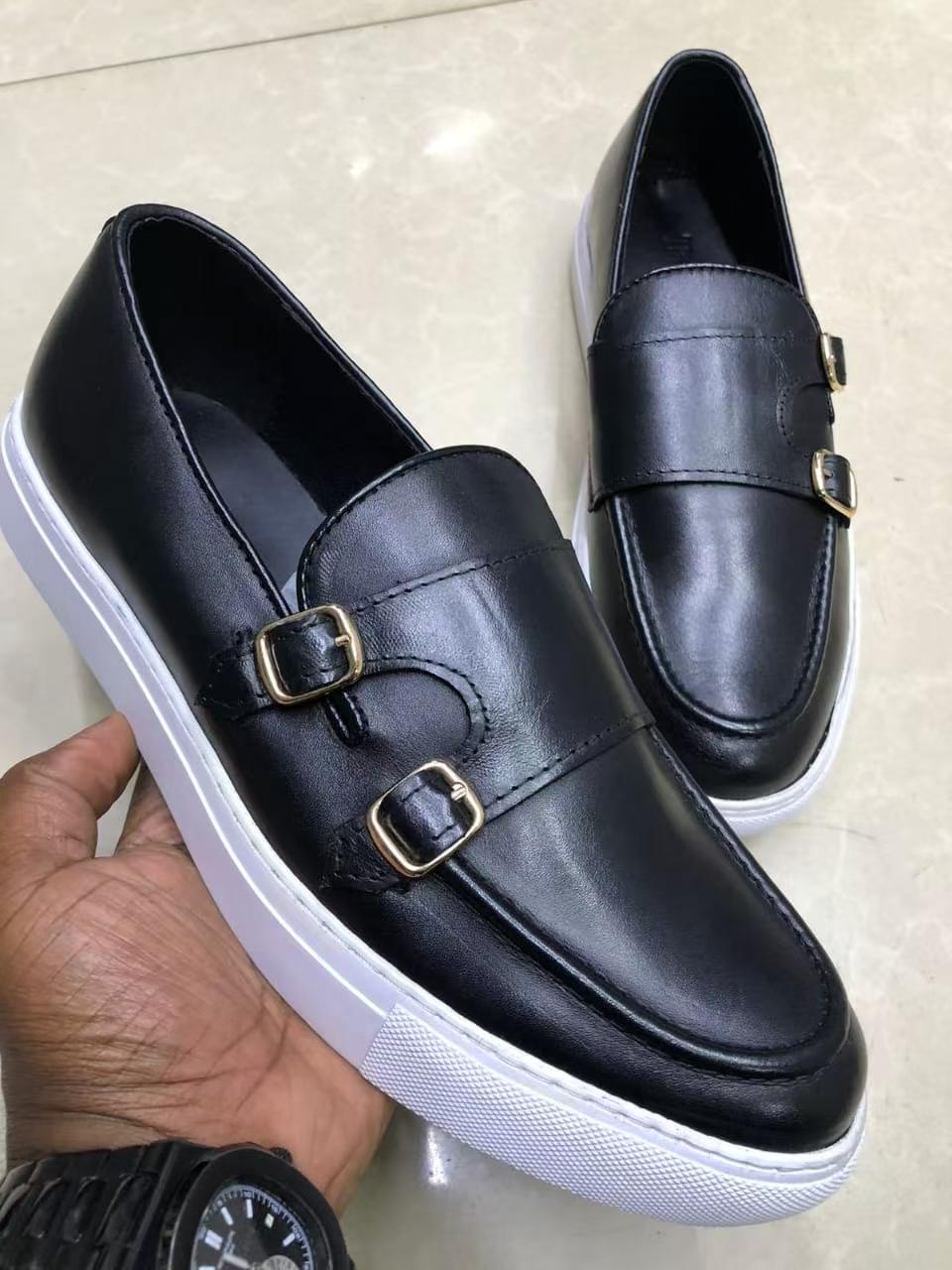 Classic Double Monk// Strappy Slip-on Loafers// Oxford, leather men shoes-Black