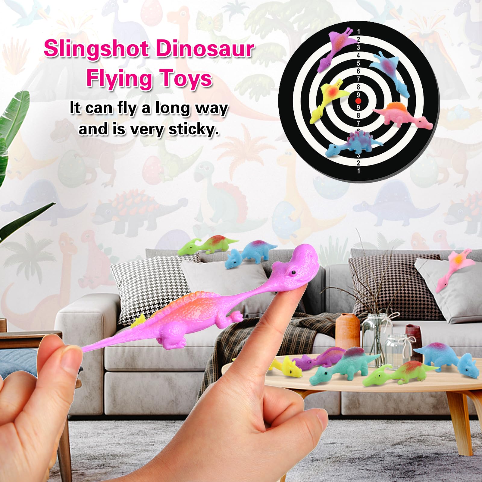 Slingshot Dinosaur Finger Toys, Party Favors for Kids Sticky Rubber Dino Flying Catapult Fidget Toys for Boys Girls Birthday Goodie Bag Easter Basket Stuffers Valentines Xmas Gifts