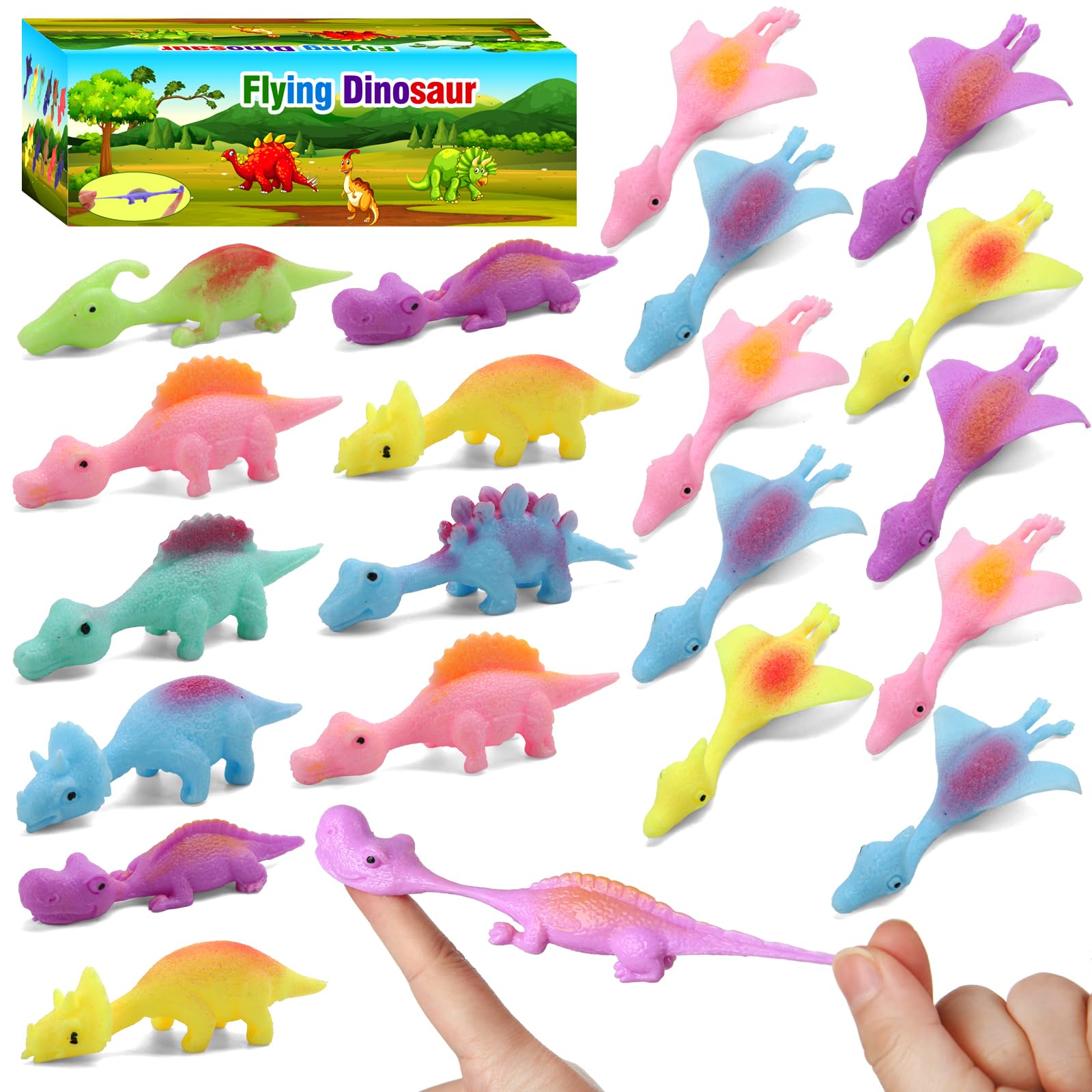 Slingshot Dinosaur Finger Toys, Party Favors for Kids Sticky Rubber Dino Flying Catapult Fidget Toys for Boys Girls Birthday Goodie Bag Easter Basket Stuffers Valentines Xmas Gifts