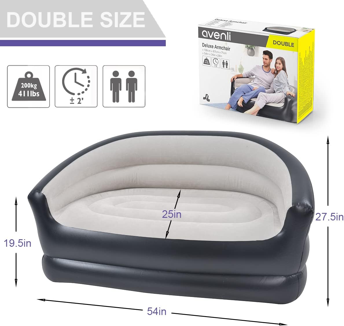 Inflatable 2 Seater Couch Blow Up Air Sofa with Comfort Flocked Surface