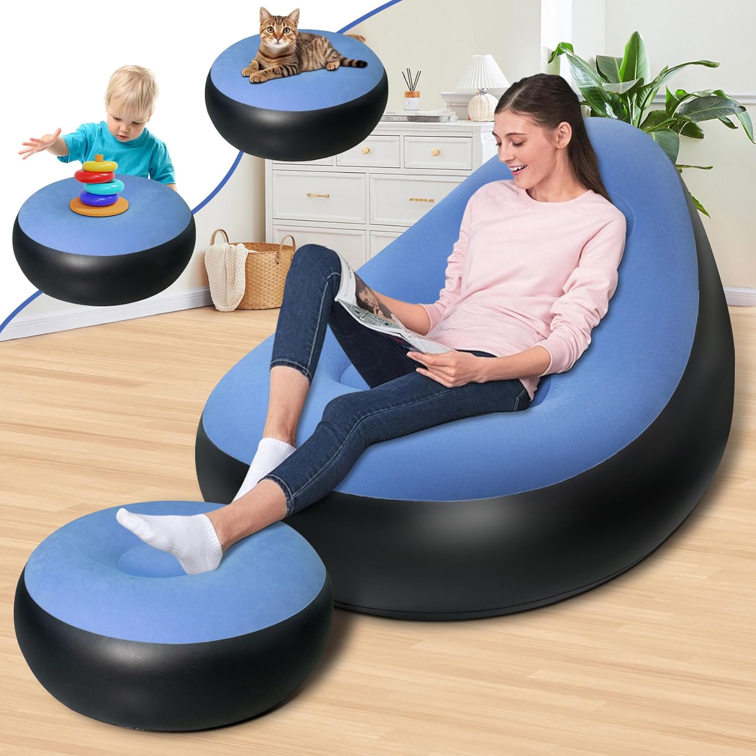 Inflatable Ultra Lounge Chair Blow Up Chaise Lounge with Ottoman Air Lazy Sofa Set Indoor Outdoor Portable Blow-Up Seat for Lounge or Living Room with Manual air Pump