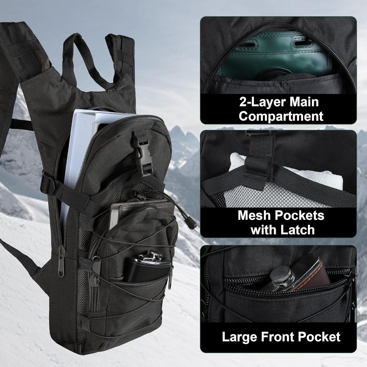 Hydration Backpack with Water Bladder, Multi Pocket Tactical Hydration Pack, Cycling Backpack for Rave, Hiking, Running, Camping