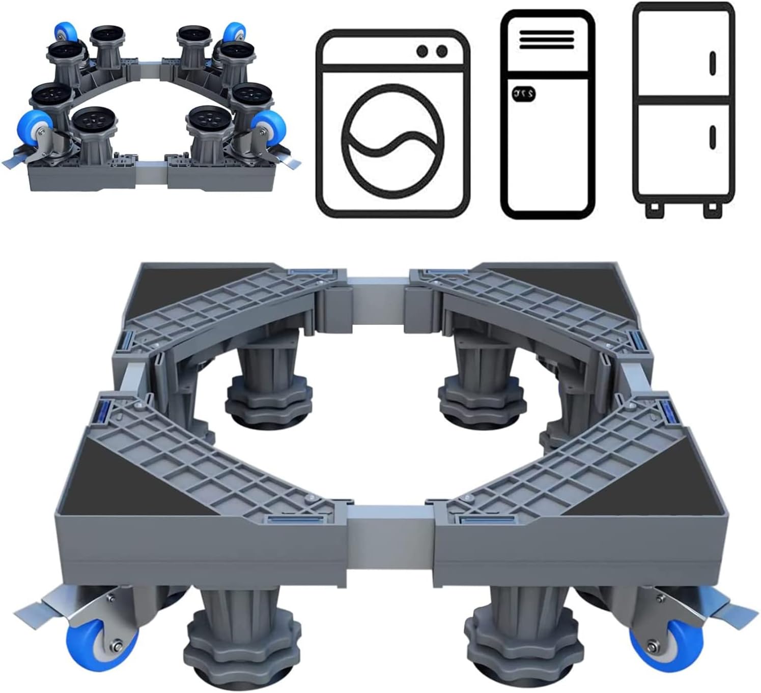 Fridge Stand Washing Machine Base Stand with 4 Locking Rubber Rotating Wheels and 8 Strong Feet Mini Refrigerator Stand Shock Damping Mobile Base for Washing Machine Dryer Refrigerator Mobile Roller