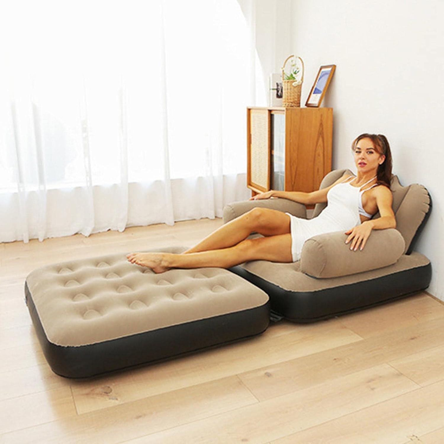 Inflatable Couch, 5 in 1 Double Layer Inflatable Sofa Bed, Sofa with Armrest, Adult Lazy Sofa Inflatable Bed, Flocking Sofa Chair for Living Room, Lawn