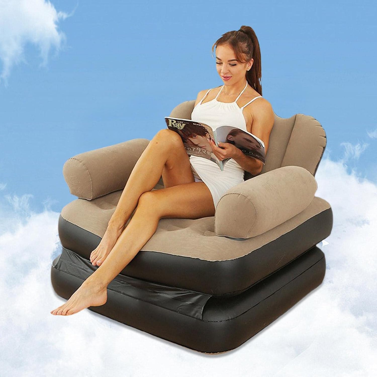 Inflatable Couch, 5 in 1 Double Layer Inflatable Sofa Bed, Sofa with Armrest, Adult Lazy Sofa Inflatable Bed, Flocking Sofa Chair for Living Room, Lawn