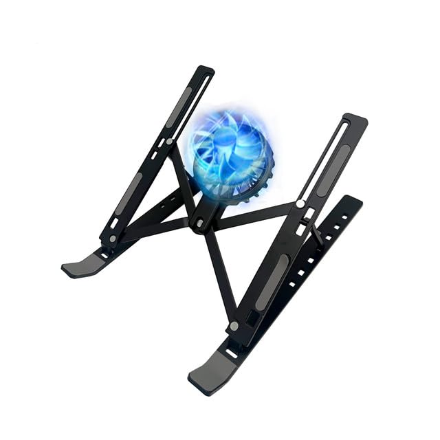 Adjustable Foldable Aluminum Laptop Stand with Detachable Cooling Fan 7-Level Height, Anti-Slip, Portable Metal Desktop Holder for 16-18” Laptops & Tablets