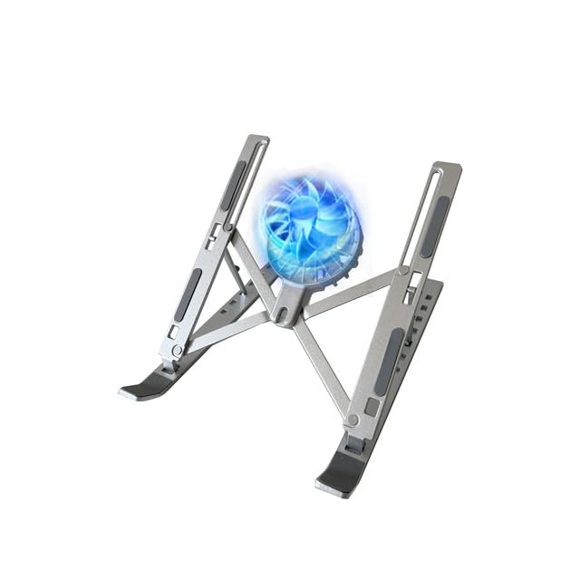 Adjustable Foldable Aluminum Laptop Stand with Detachable Cooling Fan 7-Level Height, Anti-Slip, Portable Metal Desktop Holder for 16-18” Laptops & Tablets