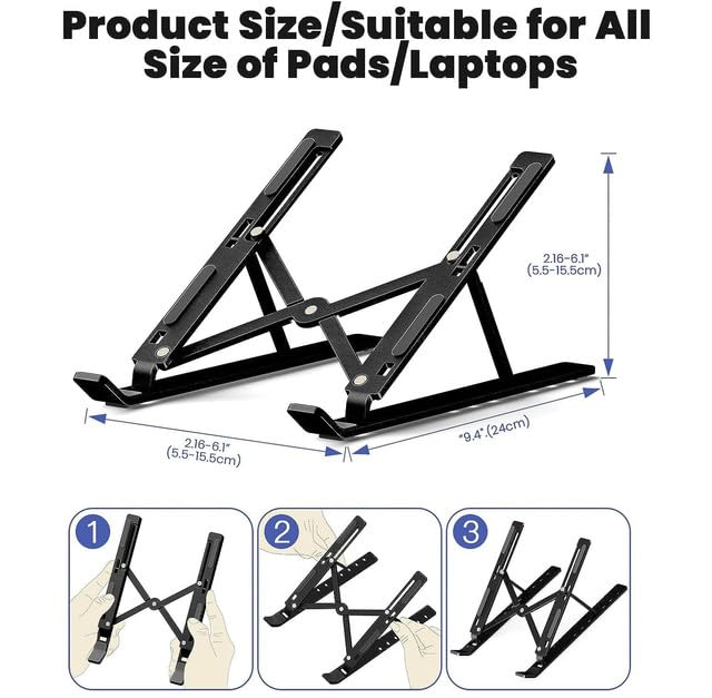 Adjustable Foldable Aluminum Laptop Stand with Detachable Cooling Fan 7-Level Height, Anti-Slip, Portable Metal Desktop Holder for 16-18” Laptops & Tablets