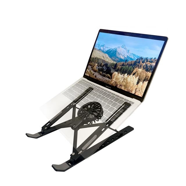Adjustable Foldable Aluminum Laptop Stand with Detachable Cooling Fan 7-Level Height, Anti-Slip, Portable Metal Desktop Holder for 16-18” Laptops & Tablets