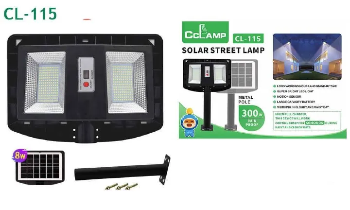 300watts Solar Street Lights Outdoor LED Solar Street Light Cclamp CL-115 Dusk to Dawn for Security Lighting All-In-One 300W Double Sided Street Light With Motion & Darkness Sensor
