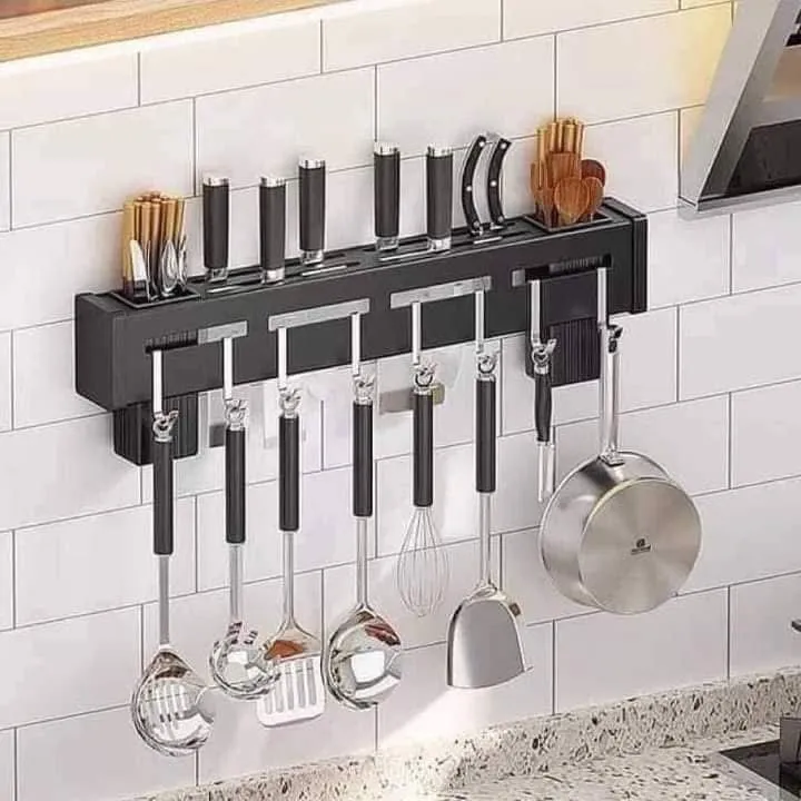 Kitchen Knife Rack, Spoon Knife Organizer, Heavy Duty Iron Material Knife Holder, Utensils Organizer, Wall Mounted Spoon Organizer, Kitchen Cutlery Organizer with towel rack and 8 hooks.