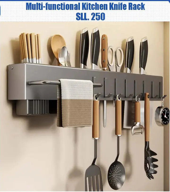 Kitchen Knife Rack, Spoon Knife Organizer, Heavy Duty Iron Material Knife Holder, Utensils Organizer, Wall Mounted Spoon Organizer, Kitchen Cutlery Organizer with towel rack and 8 hooks.