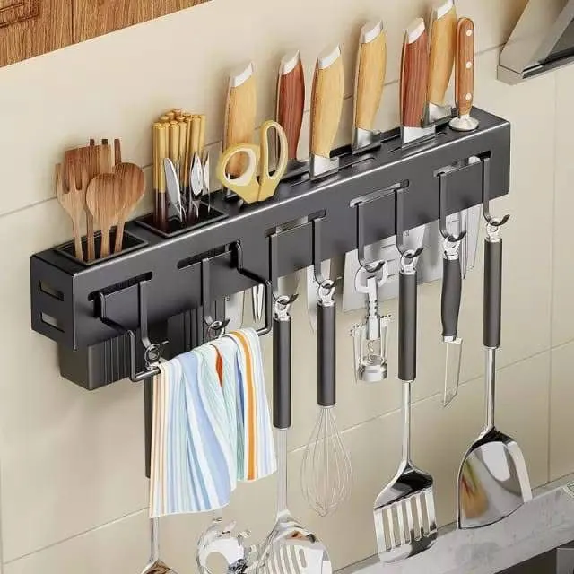 Kitchen Knife Rack, Spoon Knife Organizer, Heavy Duty Iron Material Knife Holder, Utensils Organizer, Wall Mounted Spoon Organizer, Kitchen Cutlery Organizer with towel rack and 8 hooks.