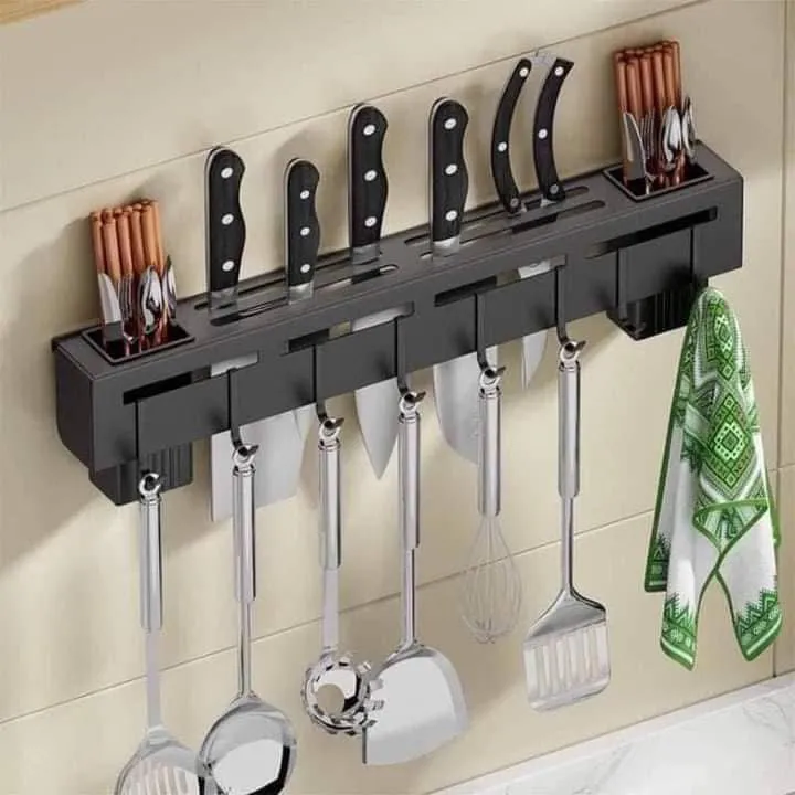 Kitchen Knife Rack, Spoon Knife Organizer, Heavy Duty Iron Material Knife Holder, Utensils Organizer, Wall Mounted Spoon Organizer, Kitchen Cutlery Organizer with towel rack and 8 hooks.