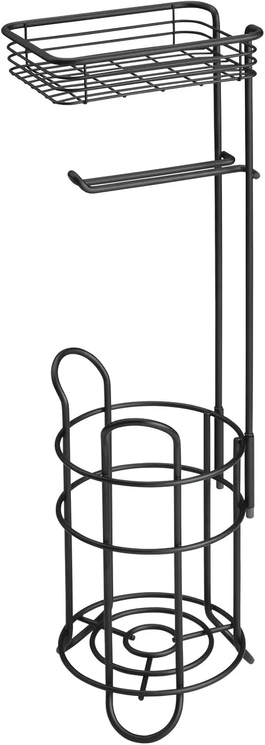 Steel Metal Free Standing Toilet Paper Holder Stand and Dispenser with Storage Shelf - Toilet Tissue for Bathrooms, Washroom - Holds 2 Extra Mega Rolls - Concerto Collection - Matte Black