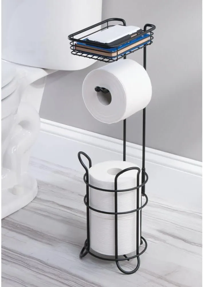Steel Metal Free Standing Toilet Paper Holder Stand and Dispenser with Storage Shelf - Toilet Tissue for Bathrooms, Washroom - Holds 2 Extra Mega Rolls - Concerto Collection - Matte Black