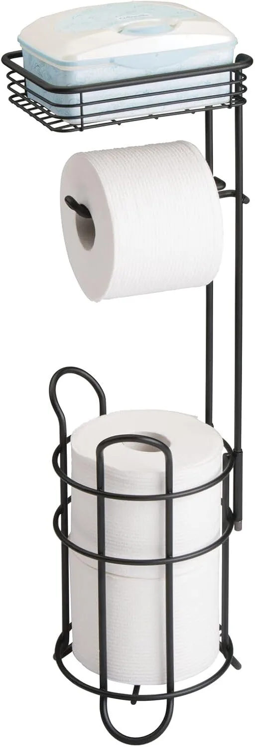 Steel Metal Free Standing Toilet Paper Holder Stand and Dispenser with Storage Shelf - Toilet Tissue for Bathrooms, Washroom - Holds 2 Extra Mega Rolls - Concerto Collection - Matte Black