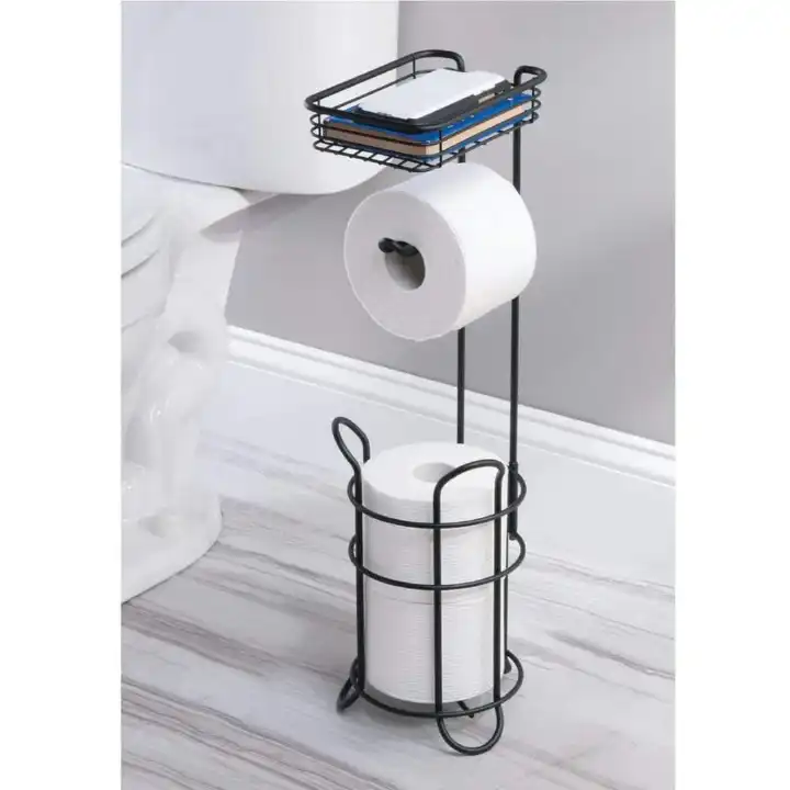 Steel Metal Free Standing Toilet Paper Holder Stand and Dispenser with Storage Shelf - Toilet Tissue for Bathrooms, Washroom - Holds 2 Extra Mega Rolls - Concerto Collection - Matte Black