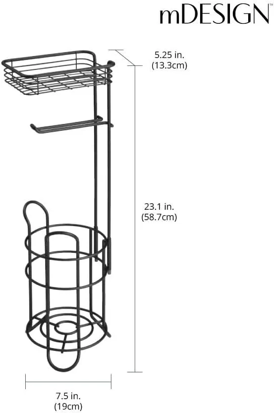 Steel Metal Free Standing Toilet Paper Holder Stand and Dispenser with Storage Shelf - Toilet Tissue for Bathrooms, Washroom - Holds 2 Extra Mega Rolls - Concerto Collection - Matte Black