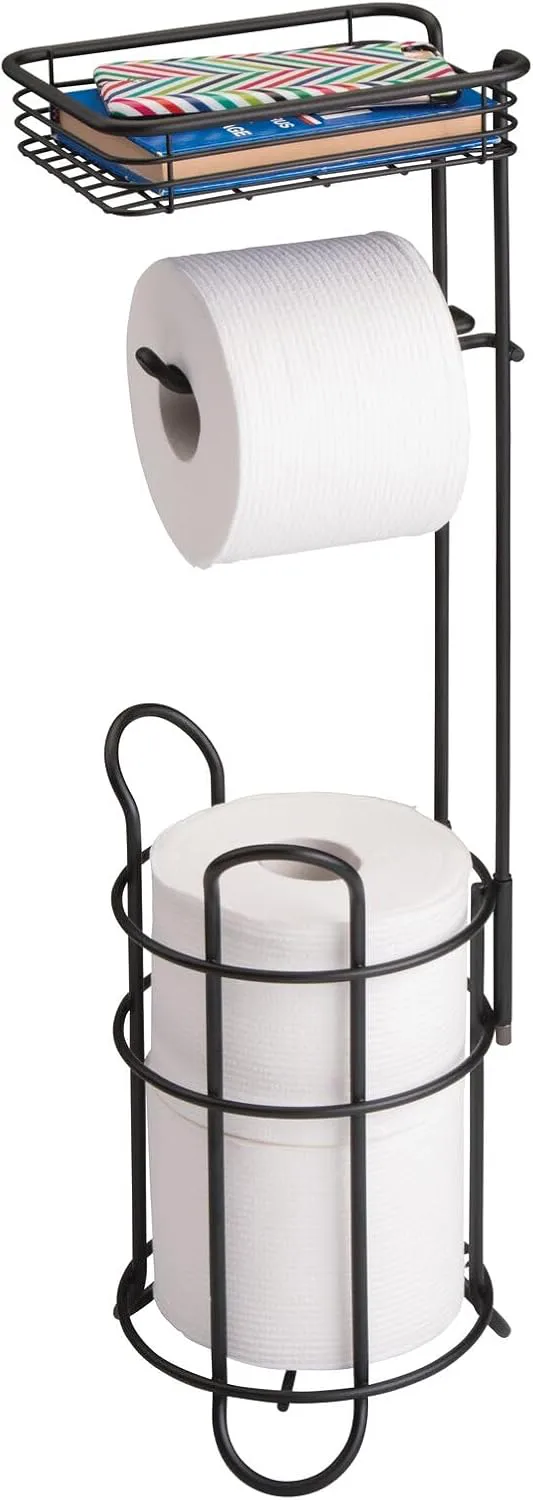 Steel Metal Free Standing Toilet Paper Holder Stand and Dispenser with Storage Shelf - Toilet Tissue for Bathrooms, Washroom - Holds 2 Extra Mega Rolls - Concerto Collection - Matte Black