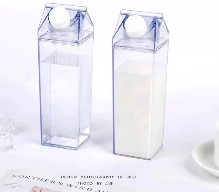 Milk Carton Water Bottle 1000ml, Clear Square Milk Bottles, Portable Juice Container, Reusable Creative Eco Leakproof With Brushes for Camping Activities Outdoor Sports Travel