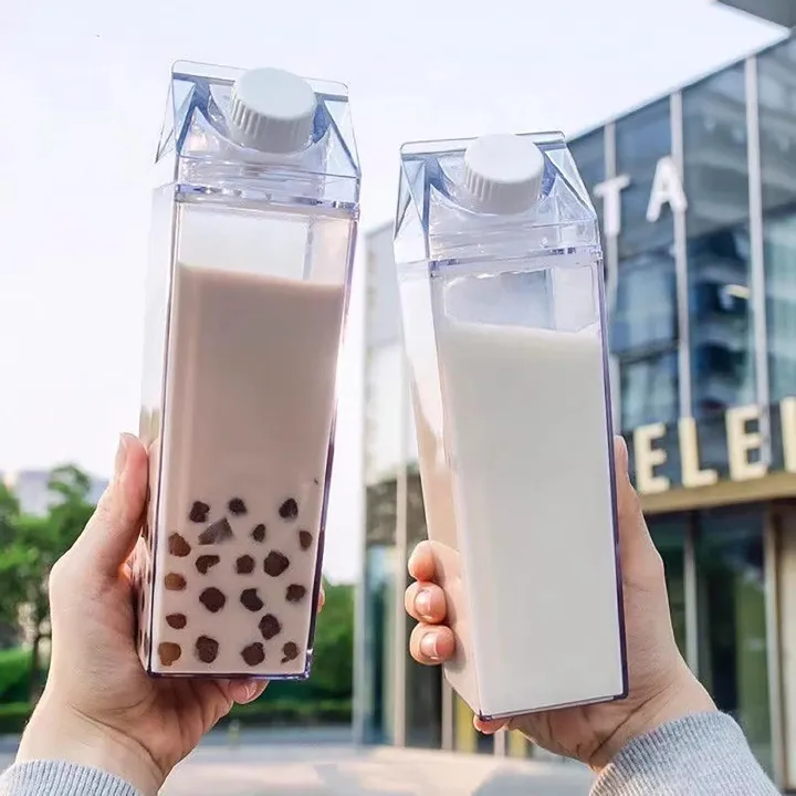 Milk Carton Water Bottle 1000ml, Clear Square Milk Bottles, Portable Juice Container, Reusable Creative Eco Leakproof With Brushes for Camping Activities Outdoor Sports Travel