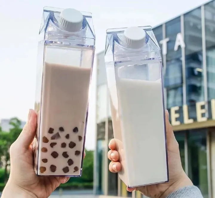 Milk Carton Water Bottle 1000ml, Clear Square Milk Bottles, Portable Juice Container, Reusable Creative Eco Leakproof With Brushes for Camping Activities Outdoor Sports Travel