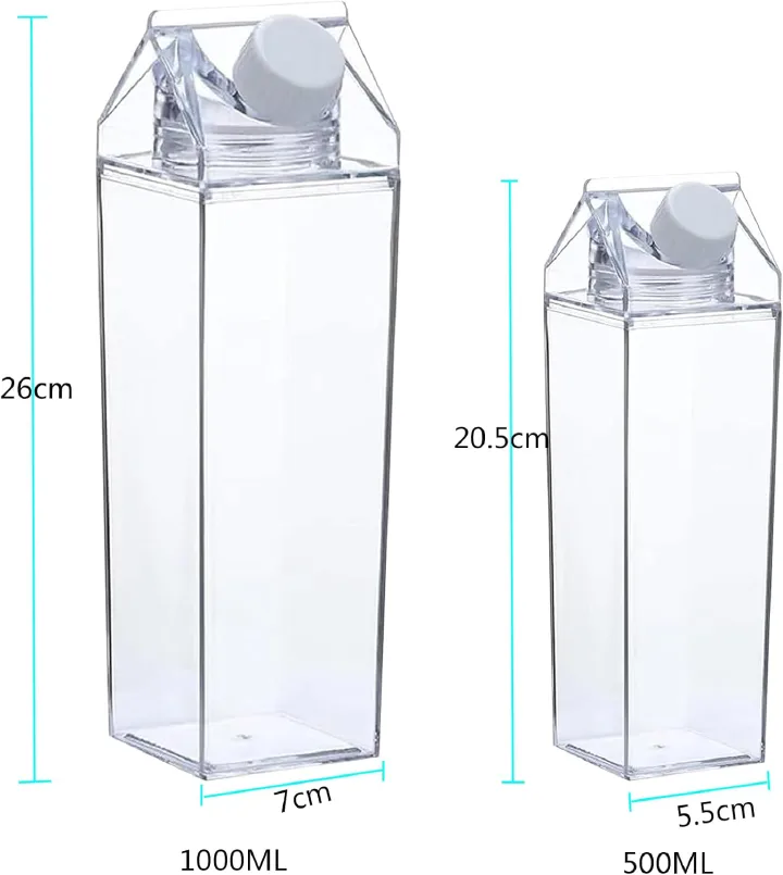 Milk Carton Water Bottle 1000ml, Clear Square Milk Bottles, Portable Juice Container, Reusable Creative Eco Leakproof With Brushes for Camping Activities Outdoor Sports Travel