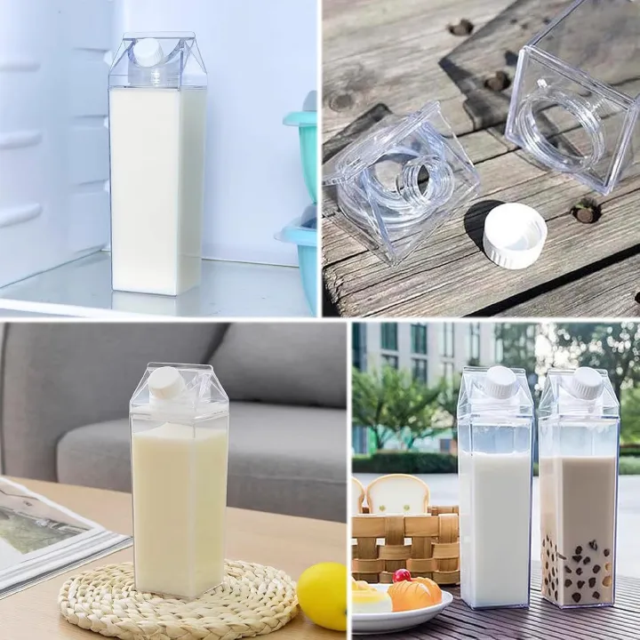 Milk Carton Water Bottle 1000ml, Clear Square Milk Bottles, Portable Juice Container, Reusable Creative Eco Leakproof With Brushes for Camping Activities Outdoor Sports Travel
