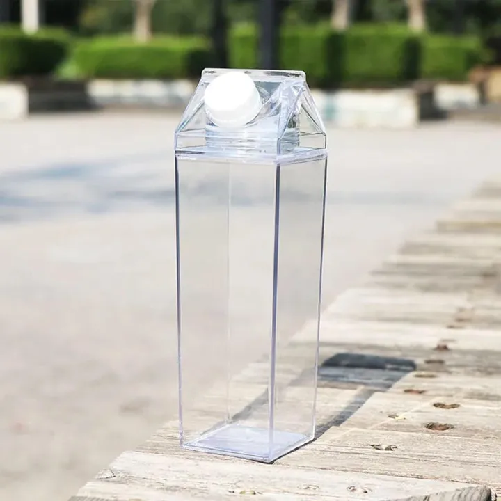 Milk Carton Water Bottle 1000ml, Clear Square Milk Bottles, Portable Juice Container, Reusable Creative Eco Leakproof With Brushes for Camping Activities Outdoor Sports Travel